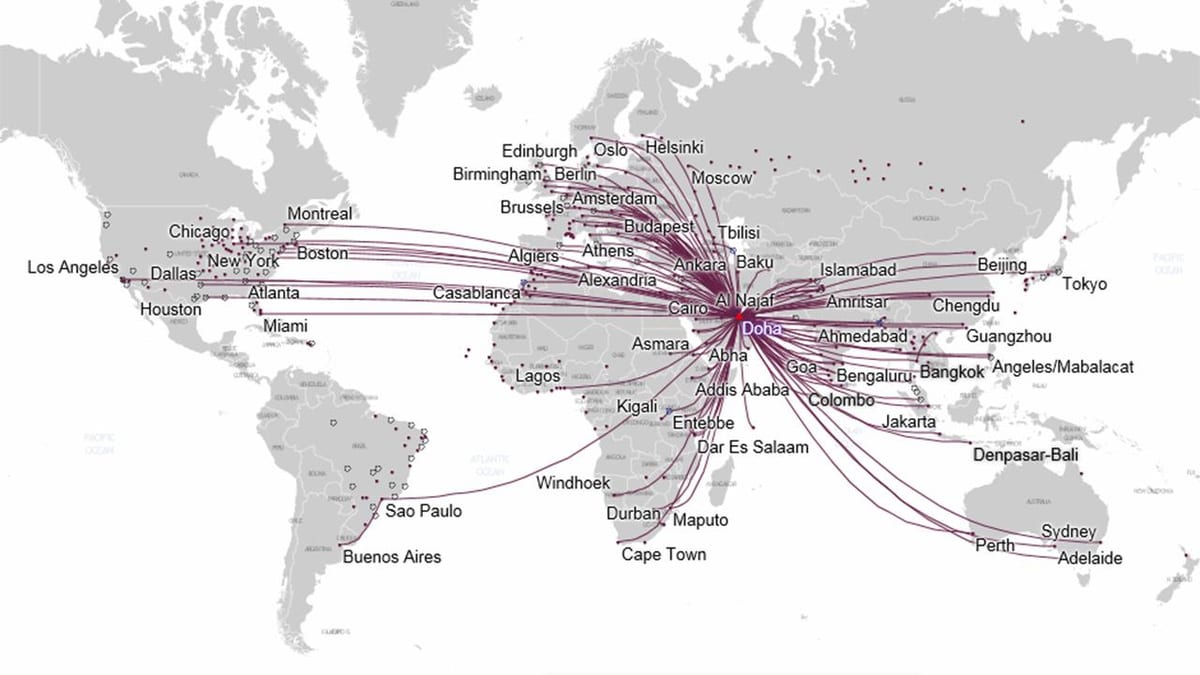 Qatar airways trasę na mapie Europy